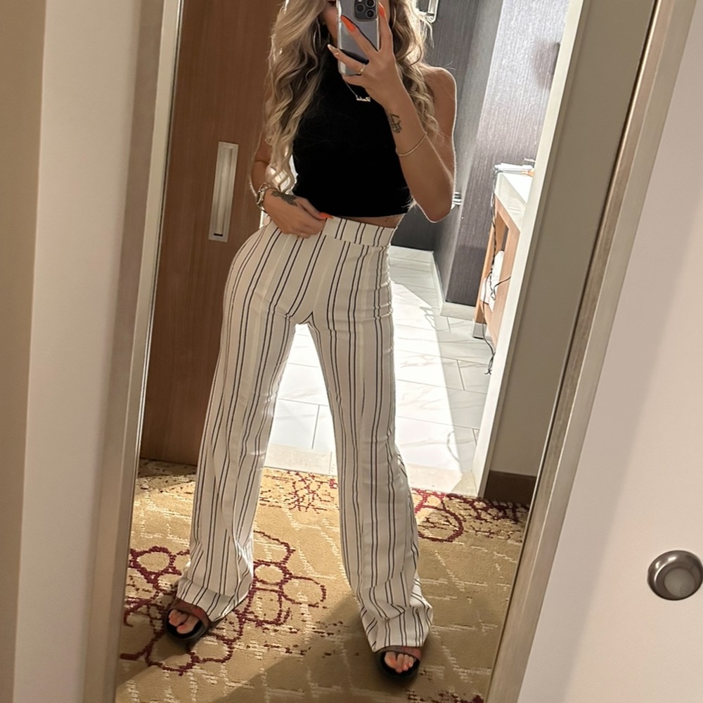 Fashion nova super high waist white stripe flare trousers pants size small